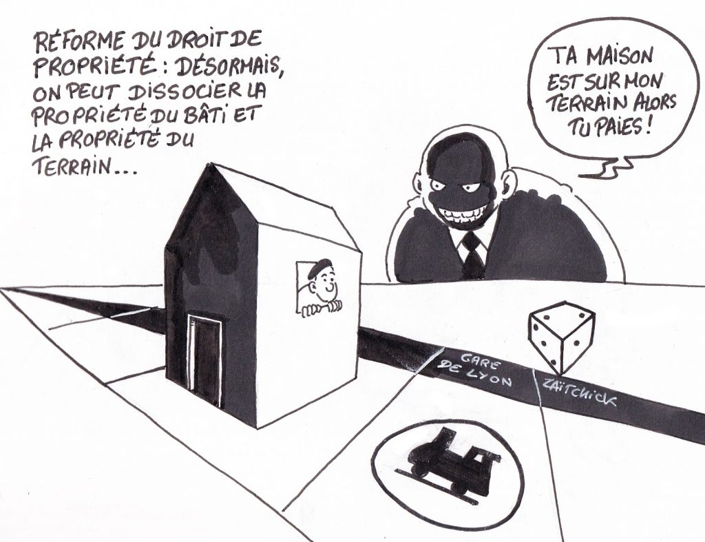 dessin de Zaïtchick sur le droit de propriété qui devient une règle de Monopoly