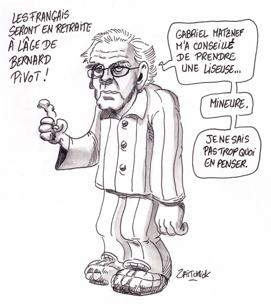 dessin de Zaïtchick sur Bernard Pivot dans une maison de retraite et l’âge pivot de la retraite