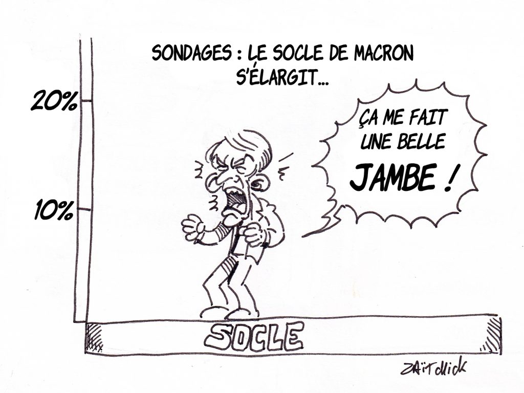 dessin de Zaïtchick sur Emmanuel Macron et son socle qui s'élargit