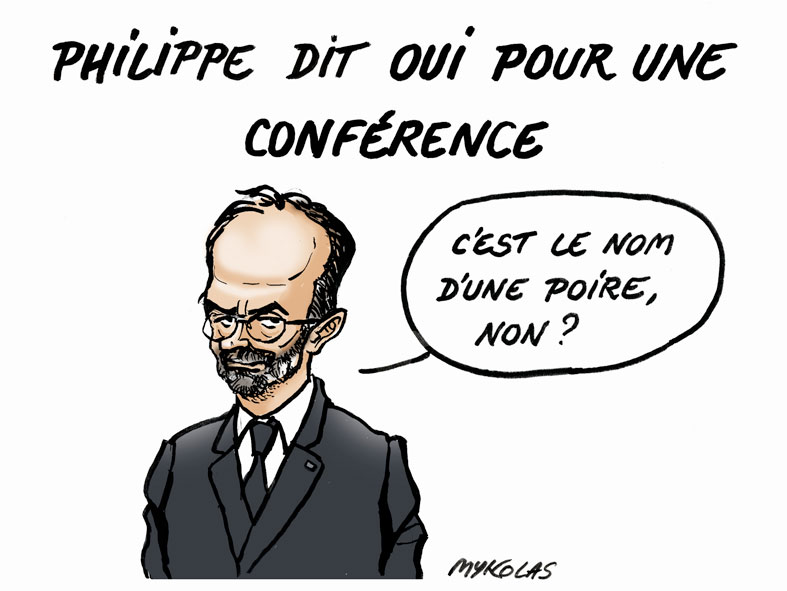 dessin d’actualité humoristique de Mykolas sur la proposition d’Édouard Philippe d’une conférence sur la réforme des retraites