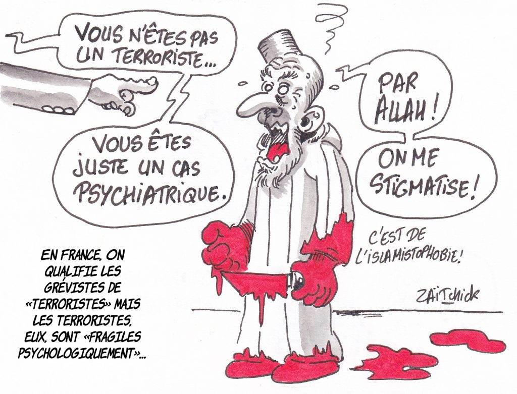 dessin de Zaïtchick sur un expert qui déclare fou un terroriste