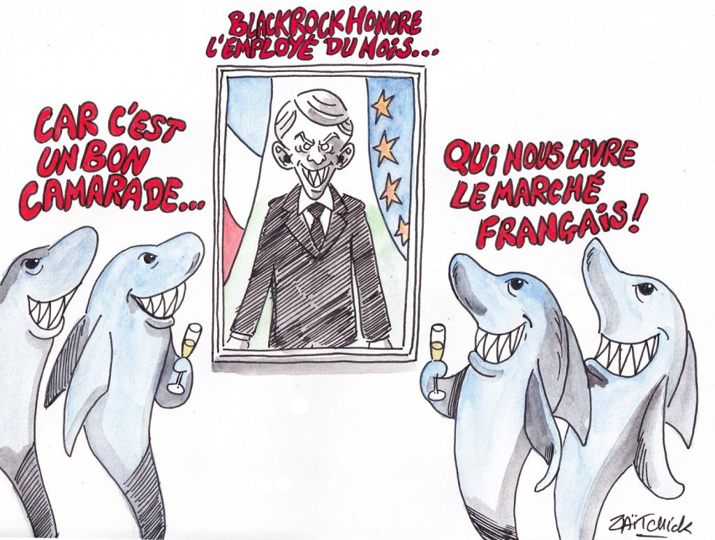 dessin de Zaïtchick sur les requins de Black Rock honorant Emmanuel Macron employé du mois