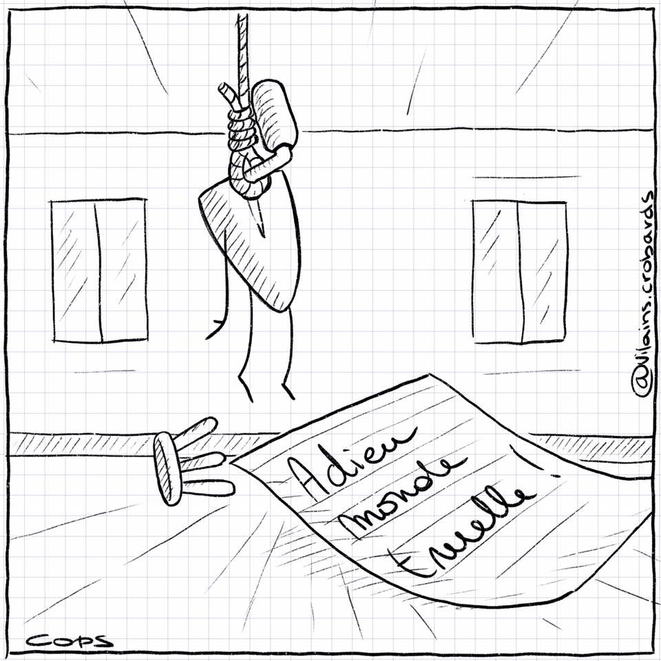 dessin de Cops sur une truelle qui se suicide par pendaison