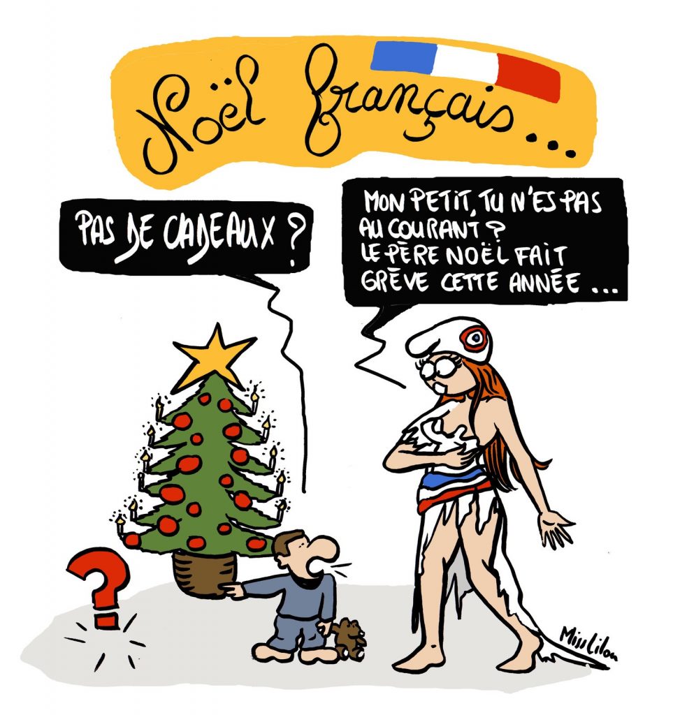 dessin de Miss Lilou sur les grèves en France et Noël