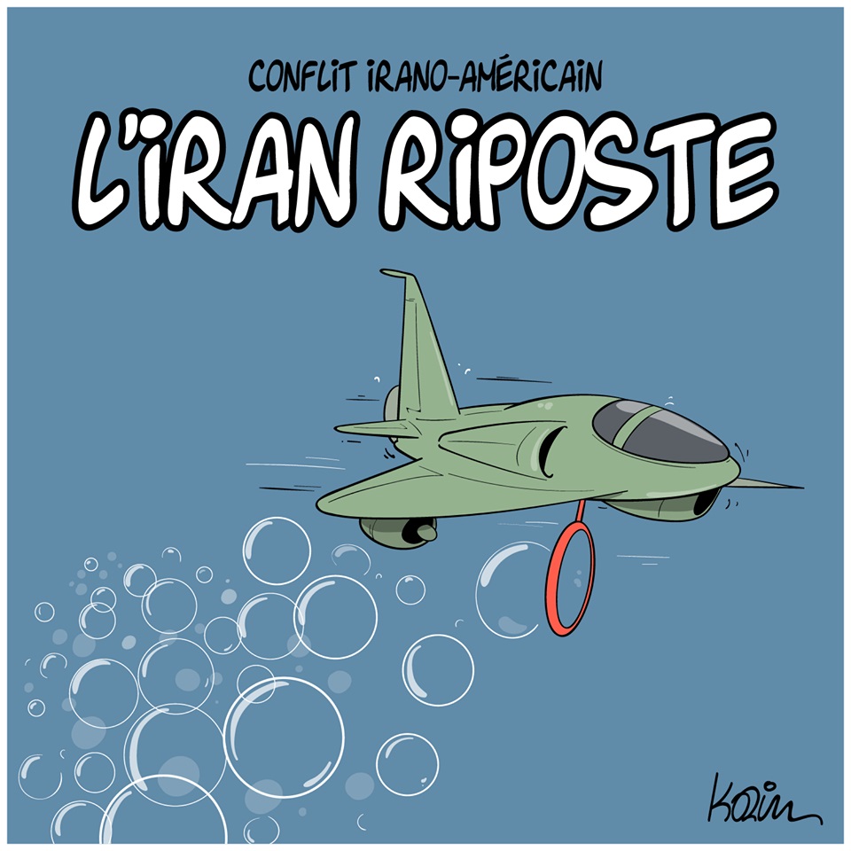dessin d’actualité humoristique de Karim sur le conflit Irano-Américain et la riposte de l’Iran