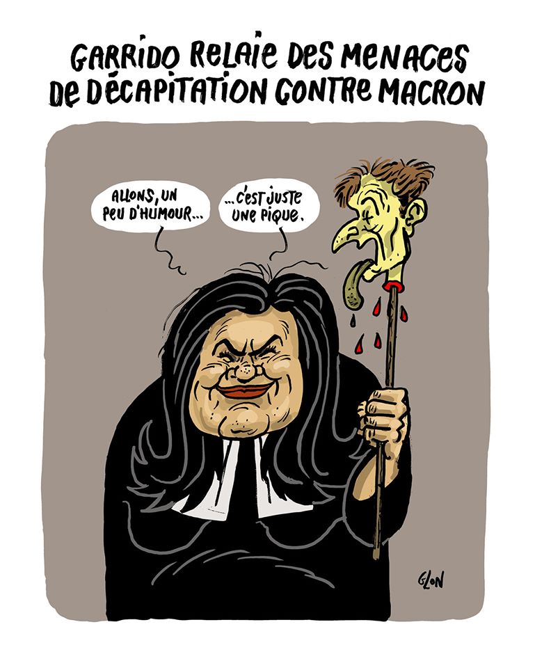 dessin humoristique de Glon sur les menaces de décapitation envers Emmanuel Macron relayées par Raquel Garrido