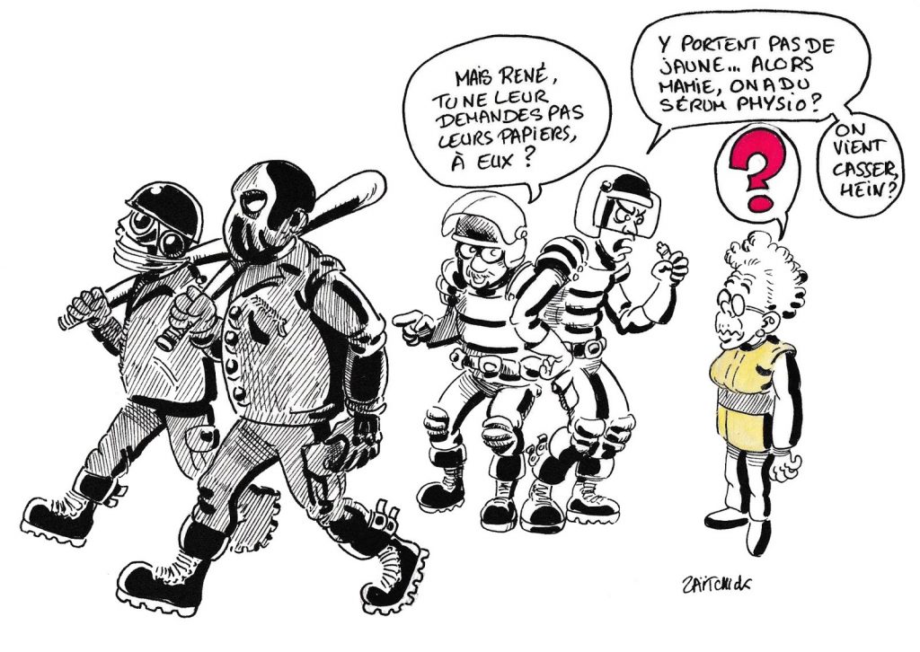 dessin humoristique de Zaïtchick sur l’attitude des CRS face aux Black Blocs et face aux gilets jaunes
