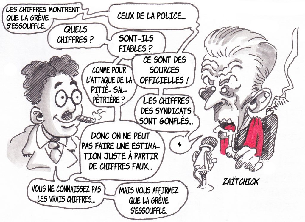 dessin de Zaïtchick sur Groucho et Christophe Barbier commentant les chiffres de la grève