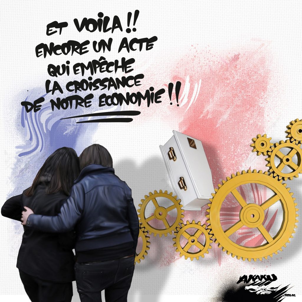 dessin d’actualité humoristique de Jerc sur le vote de l’allongement du congé pour deuil parental