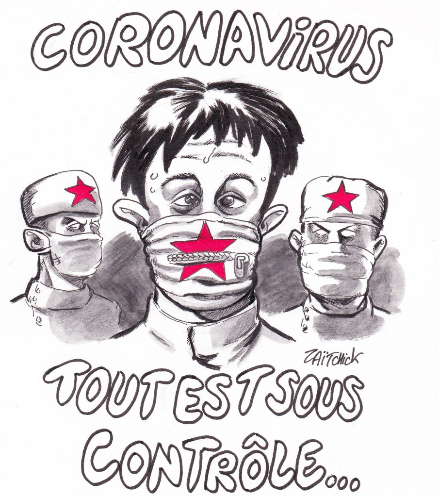 dessin de Zaïtchick sur les Chinois muselés par leur autorité sanitaire au sujet de l’épidémie du coronavirus Covid-19
