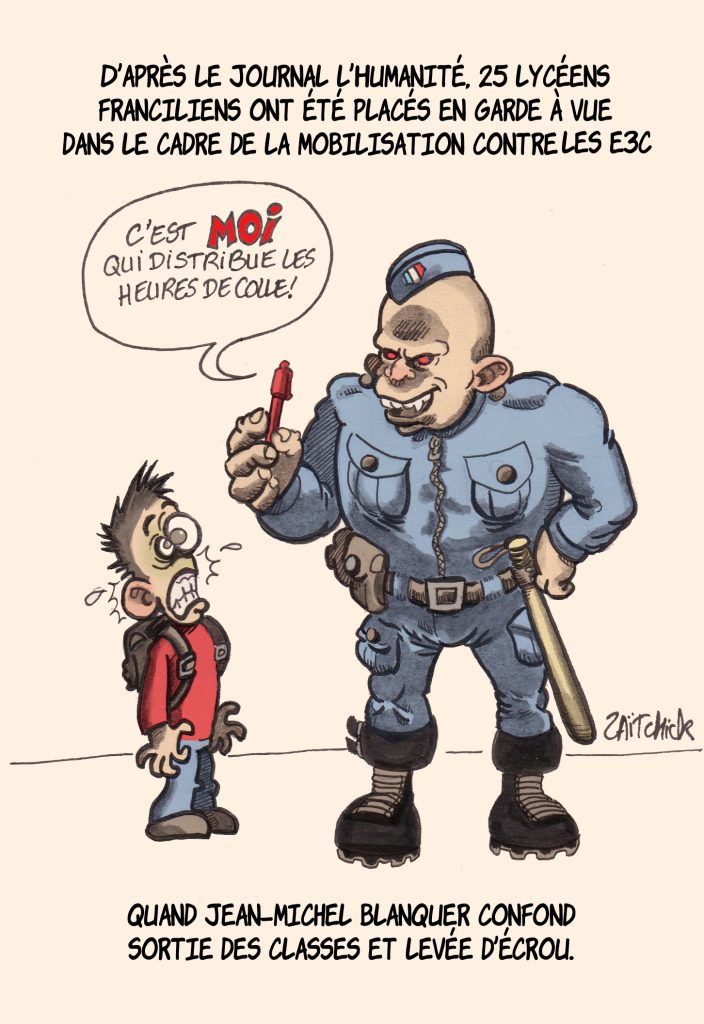 dessin de Zaïtchick sur les policiers qui collent les lycéens et les lycéens placés en garde à vue