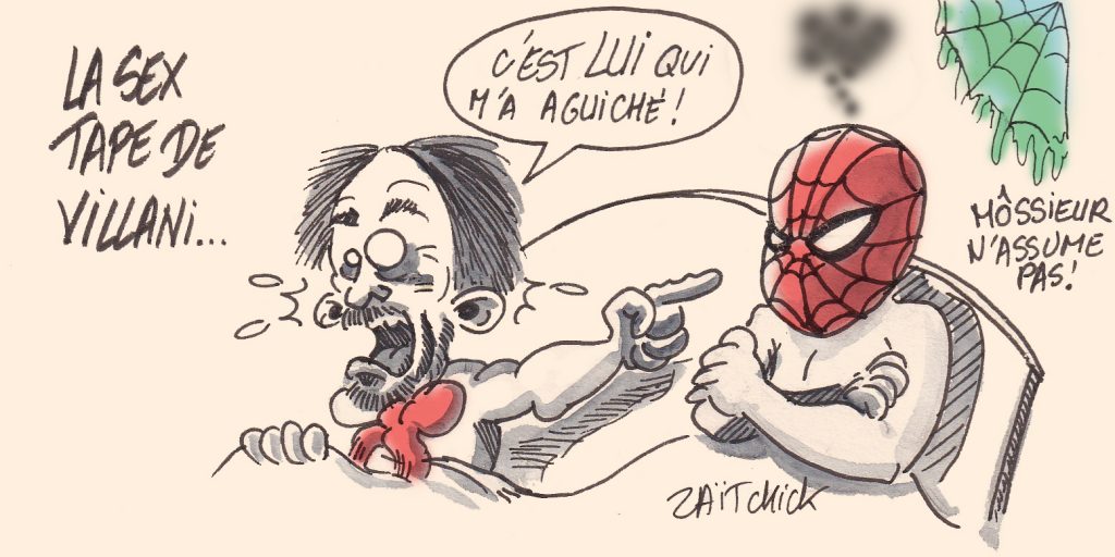 dessin de Zaïtchick sur Cédric Villani surpris au lit avec Spider-Man