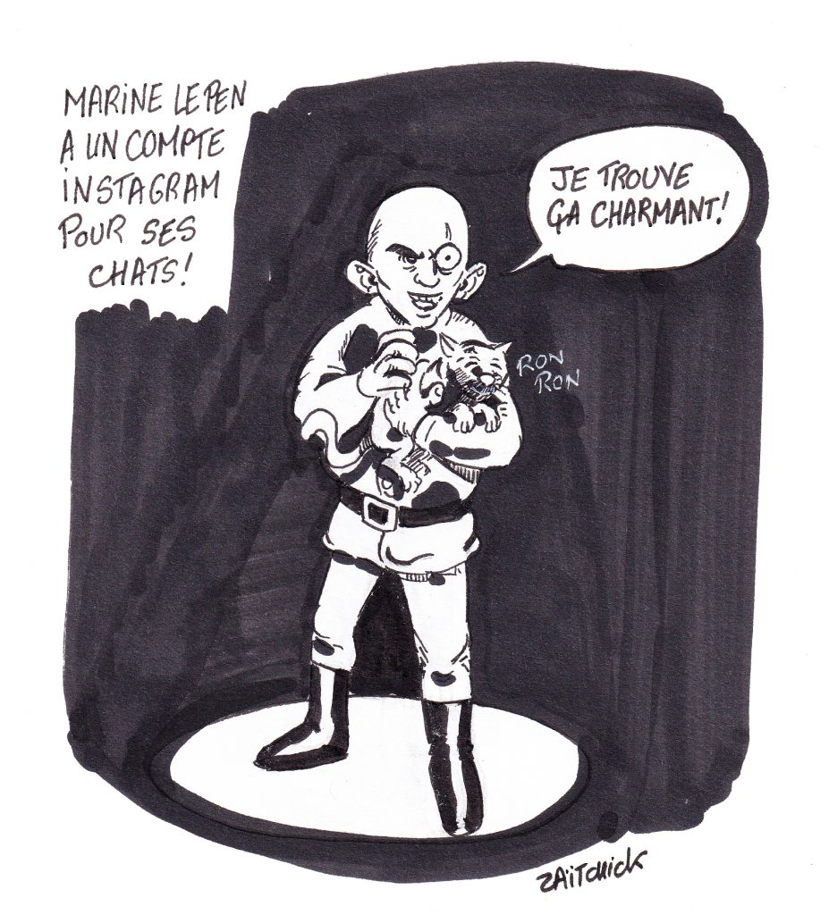 dessin de Zaïtchick sur le compte Instagram des chats de Marine Le Pen et Blofeld caressant un chat