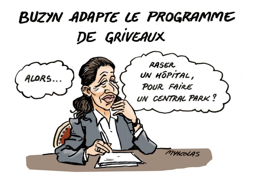 dessin d’actualité humoristique de Mykolas sur la candidature d’Agnès Buzyn à la Mairie de Paris et la casse des services hospitaliers