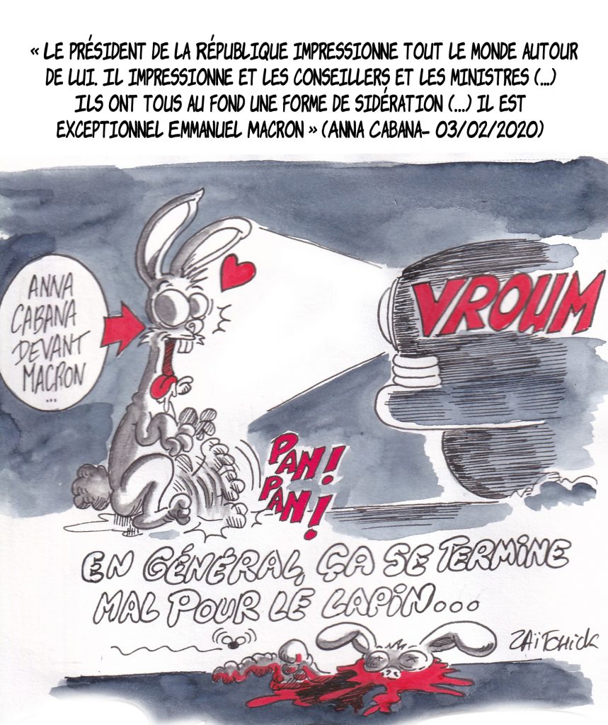 dessin de Zaïtchick sur un lapin en état de sidération écrasé par une voiture en parallèle avec Anna Cabana en admiration devant Emmanuel Macron