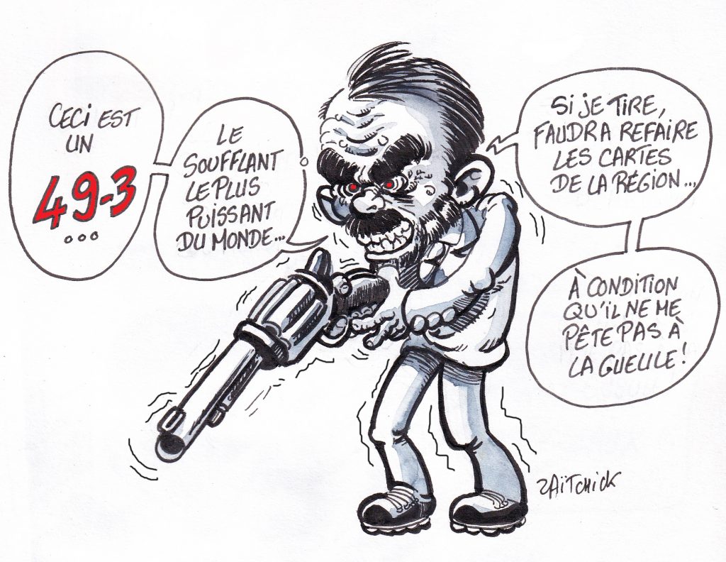 dessin de Zaïtchick sur Édouard Philippe qui peine à soulever un calibre 49.3