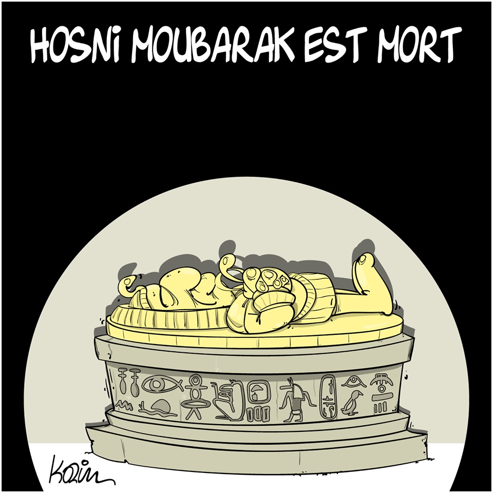 dessin d’actualité humoristique de Karim sur le décès de l’ex-président égyptien Hosni Moubarak