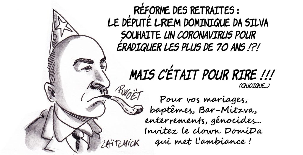 dessin de Zaïtchick sur Dominique Da Silva en clown et l’épidémie à coronavirus qui s’est déclarée en Chine à Wuhan