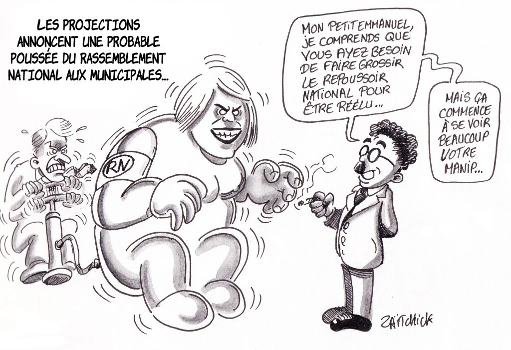 dessin de Zaïtchick sur Macron qui fait grossir Le Pen pour être réélu