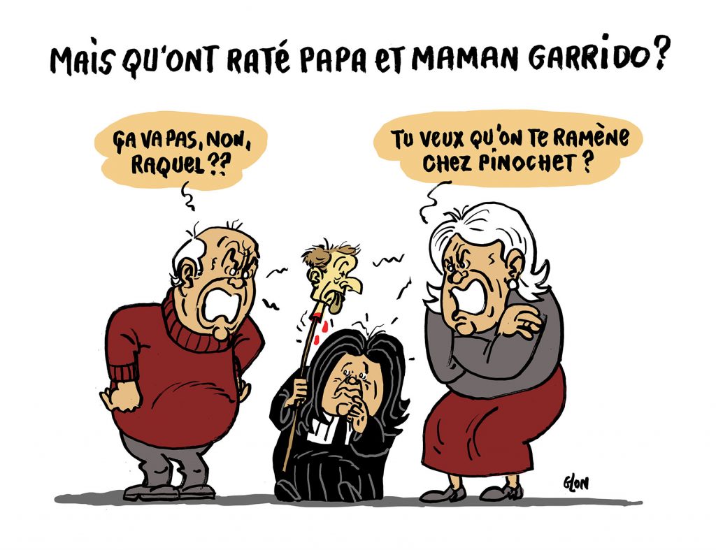 dessin humoristique de Glon sur les menaces de décapitation envers Emmanuel Macron relayées par Raquel Garrido