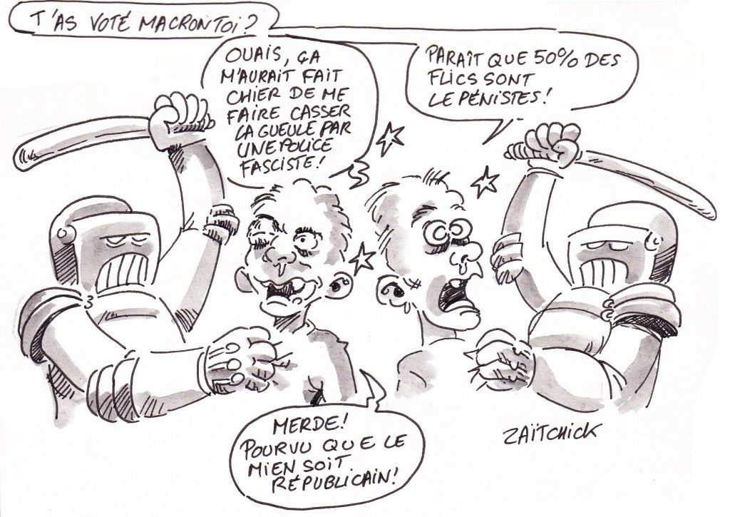 dessin de Zaïtchick sur des manifestants tabassés par des flics lepénistes