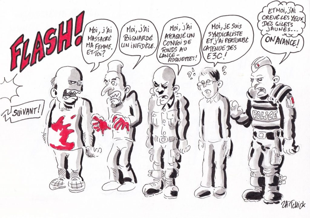 dessin de Zaïtchick sur des syndicalistes de l'éducation nationale convoqués au commissariat