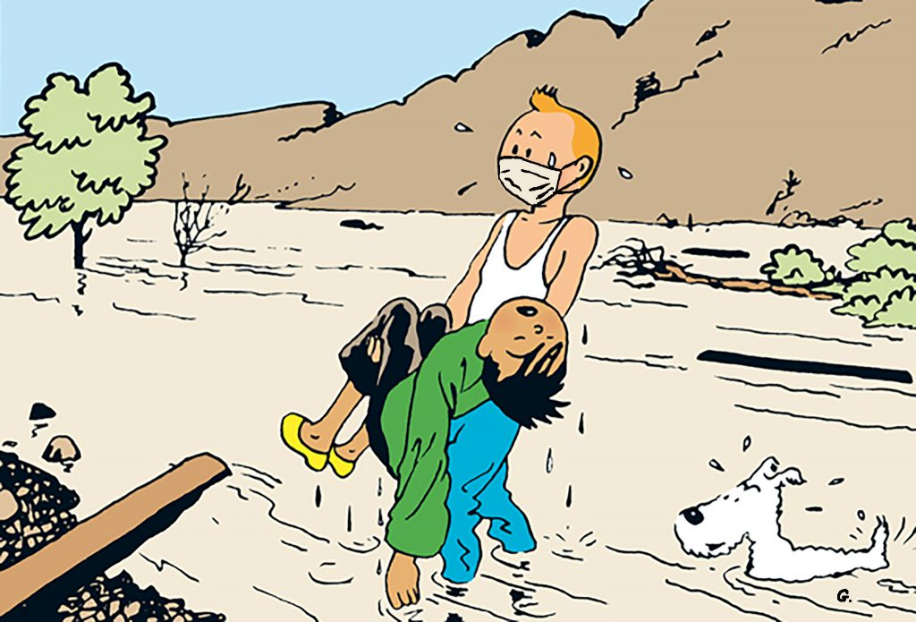 dessin humoristique de Glon sur Tintin et l’épidémie à coronavirus qui s’est déclarée en Chine à Wuhan