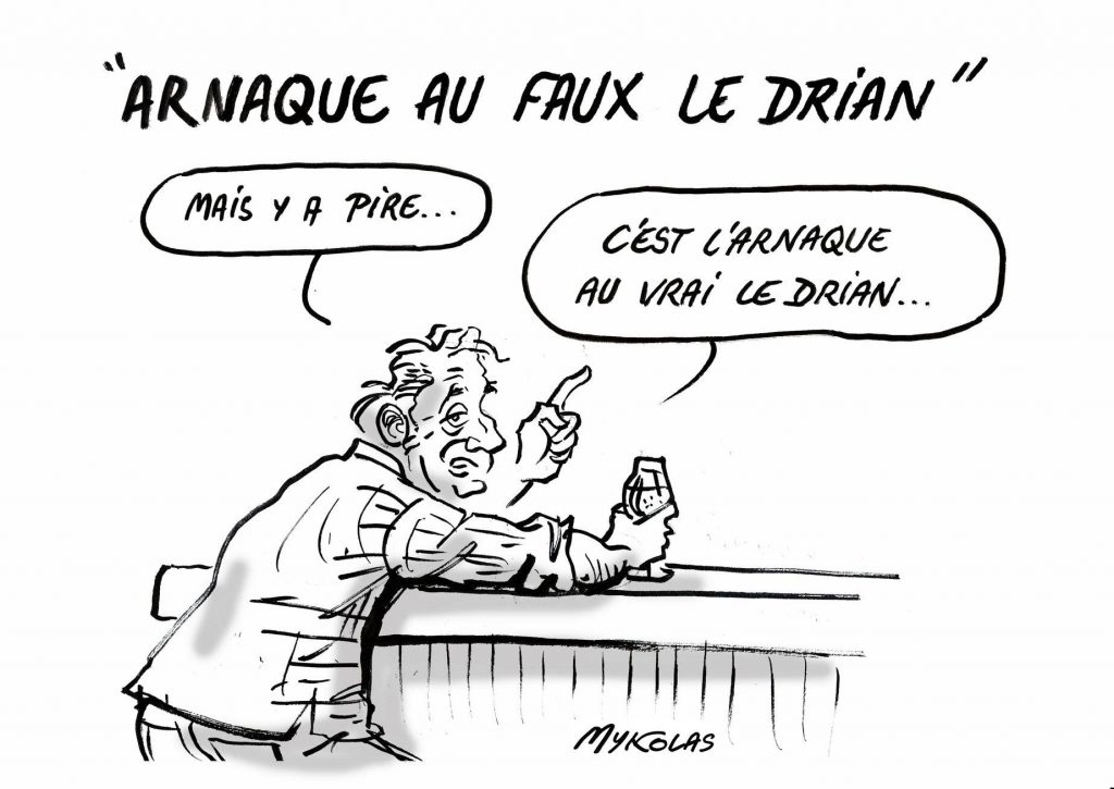 dessin d’actualité humoristique de Mykolas sur l’arnaque au faux Le Drian