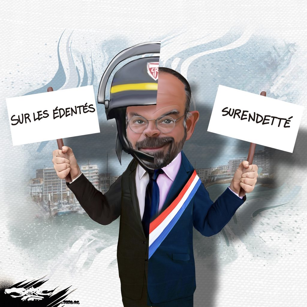 dessin d’actualité humoristique de Jerc sur Édouard Philippe entre violences policières et violences sociales