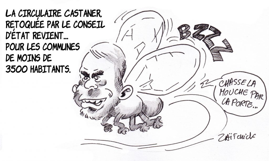 dessin de Zaïtchick sur Christophe Castaner en mouche qui insiste pour faire passer sa circulaire retoquée par le Conseil d’État