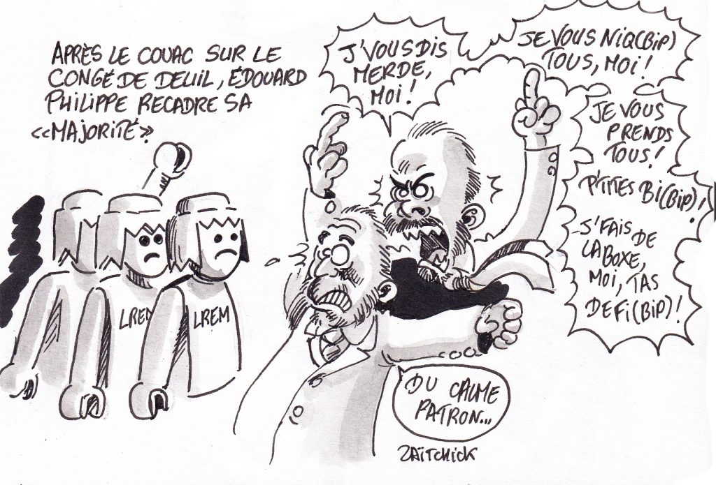 dessin de Zaïtchick sur Édouard Philippe qui recadre sa majorité de députés Playmobil après le couac sur le congé pour décès d'un enfant