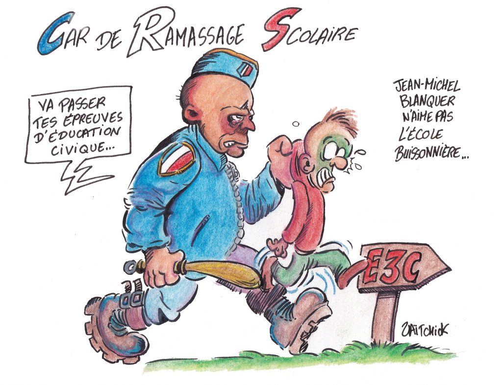 dessin de Zaïtchick sur Blanquer qui fait déployer la police pour forcer les lycéens à passer les E3C