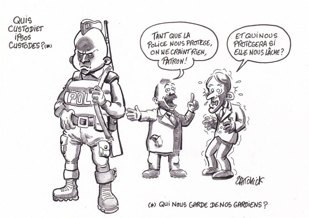 dessin de Zaïtchick sur le gouvernement qui ne tient que grâce à sa police