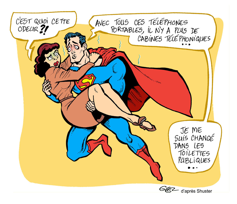 dessin humoristique de Glez sur Superman et les cabines téléphoniques à l’heure des téléphones portables