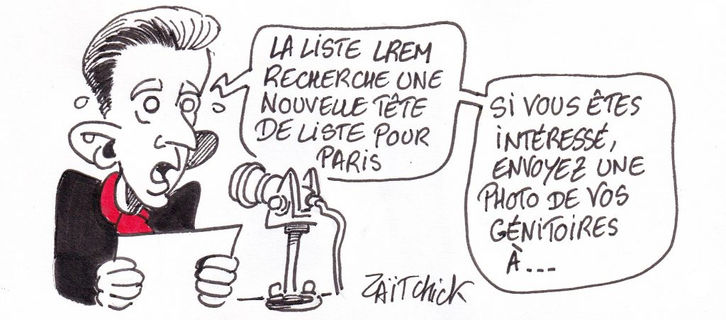 dessin de Zaïtchick sur Christophe Barbier qui lance un appel pour remplacer Benjamin Griveaux après sa démission suite à la diffusion d’une vidéo à caractère sexuelle