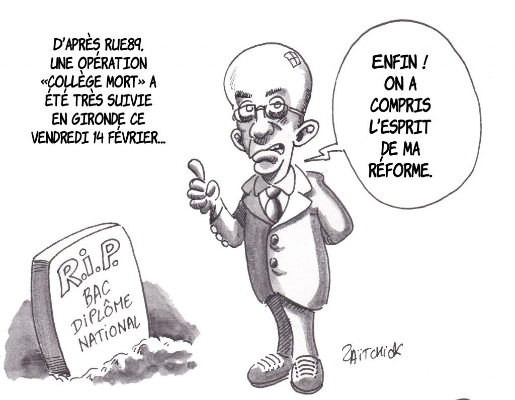 dessin de Zaïtchick sur Jean-Michel Blanquer devant la tombe du diplôme national du Bac