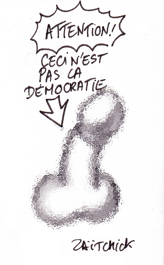dessin de Zaïtchick sur un pénis qu'on confond avec la démocratie après la démission de Benjamin Griveaux après la diffusion d’une vidéo sexuelle