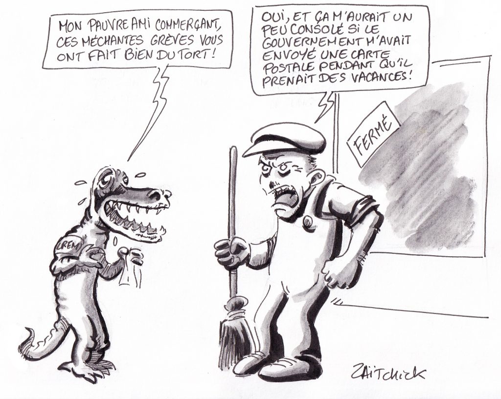 dessin humoristique de Zaïtchick sur LREM et les pertes commerciales pendant les grèves