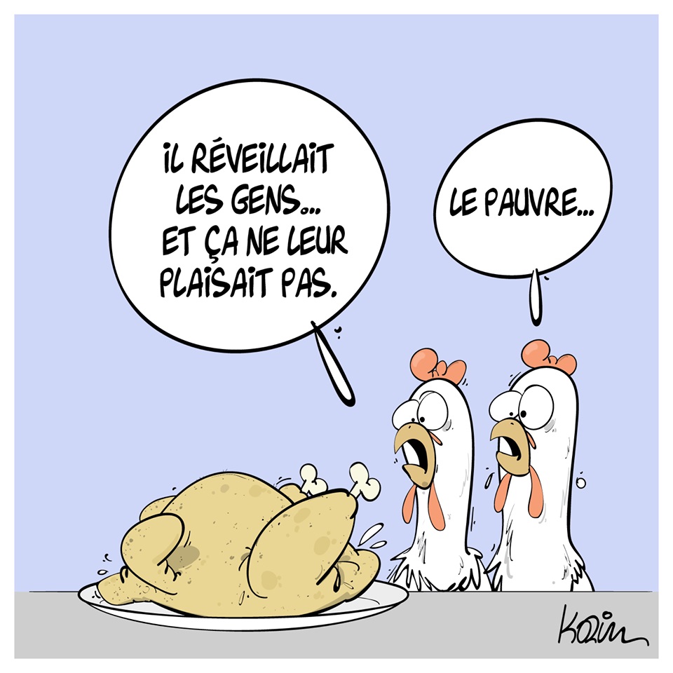 dessin d’actualité humoristique de Karim sur Maurice le coq et les bruits de la ferme