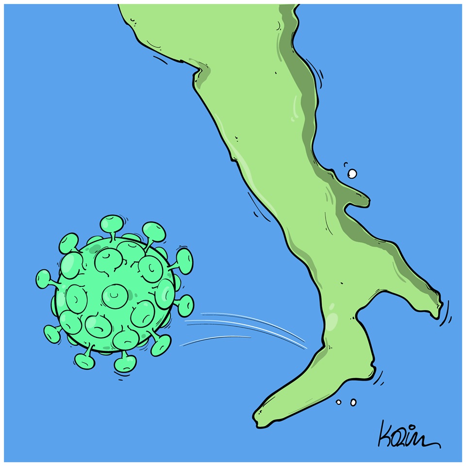 dessin d’actualité humoristique de Karim sur l’Italie confrontée à l’épidémie de coronavirus Covid-19