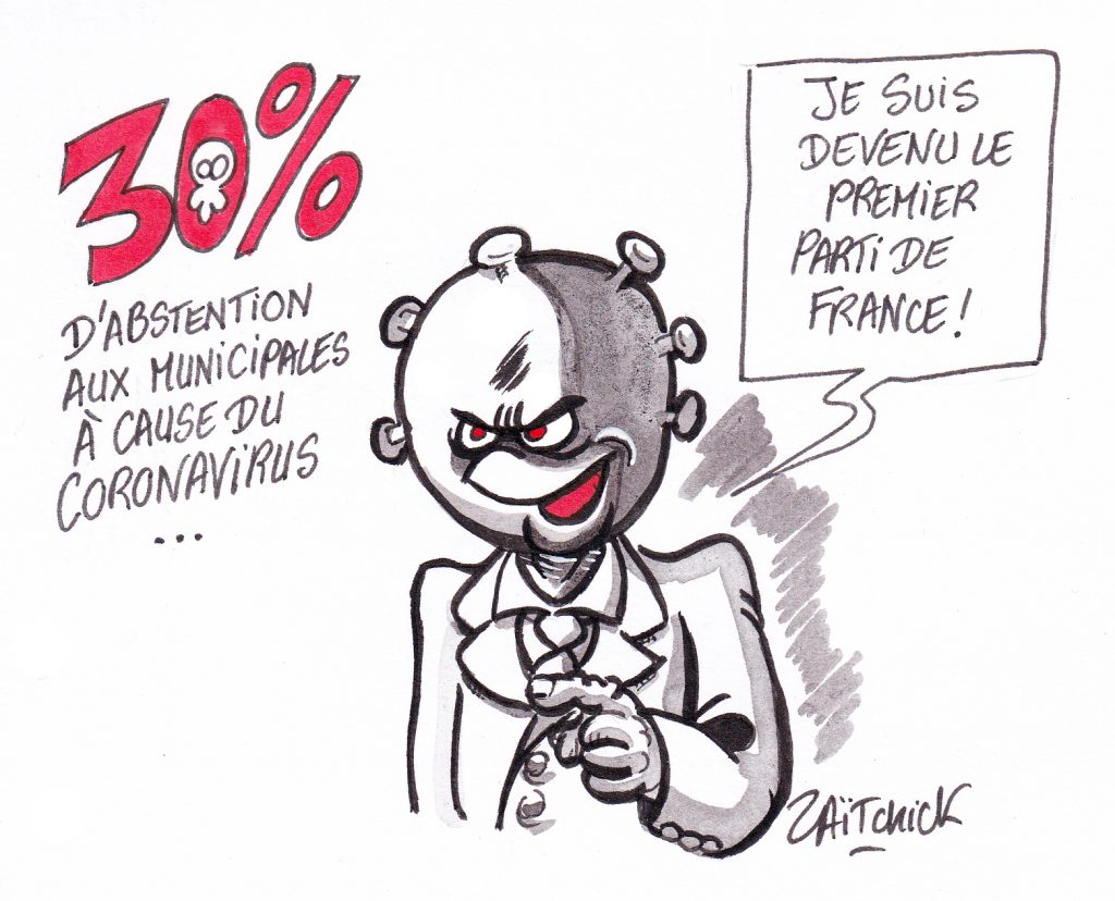 dessin de Zaïtchick sur la psychose générée par l’épidémie de coronavirus Covid-19 et l’abstention aux élections municipales