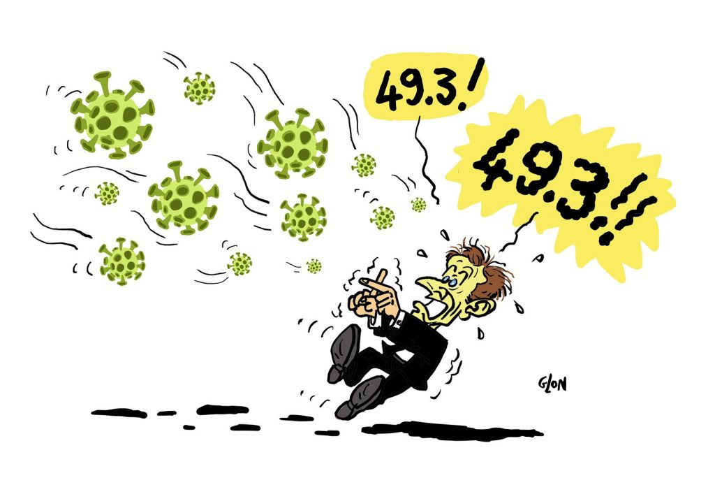 dessin humoristique de Glon sur Emmanuel Macron face à l’épidémie de coronavirus Covid-19 et l’utilisation de l’article 49.3 pour la réforme des retraites