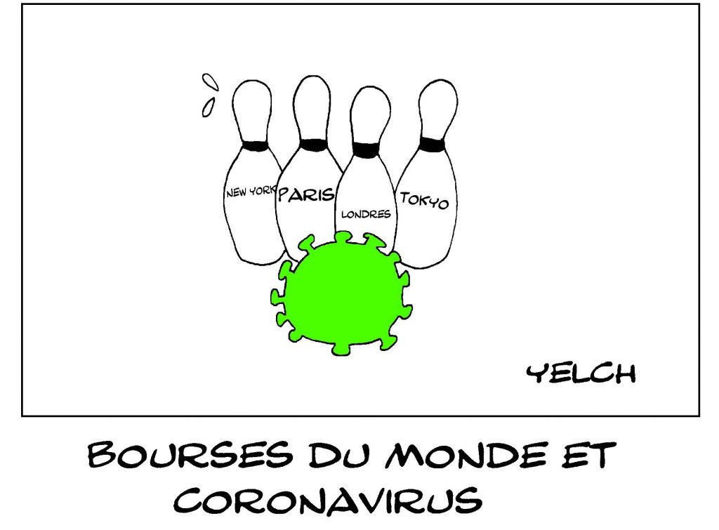 dessin de Yelch sur l’épidémie de coronavirus Covid-19 et l’effondrement des bourses mondiales