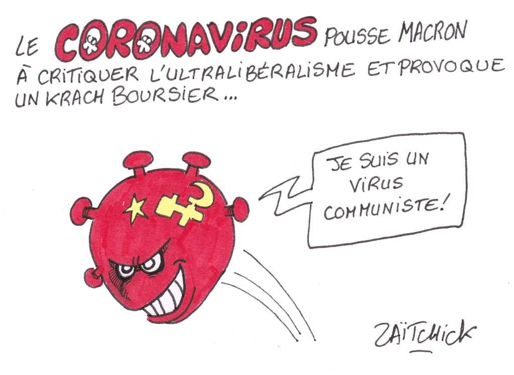 dessin de Zaïtchick sur l’épidémie de coronavirus Covid-19 et l’intervention télévisée d’Emmanuel Macron
