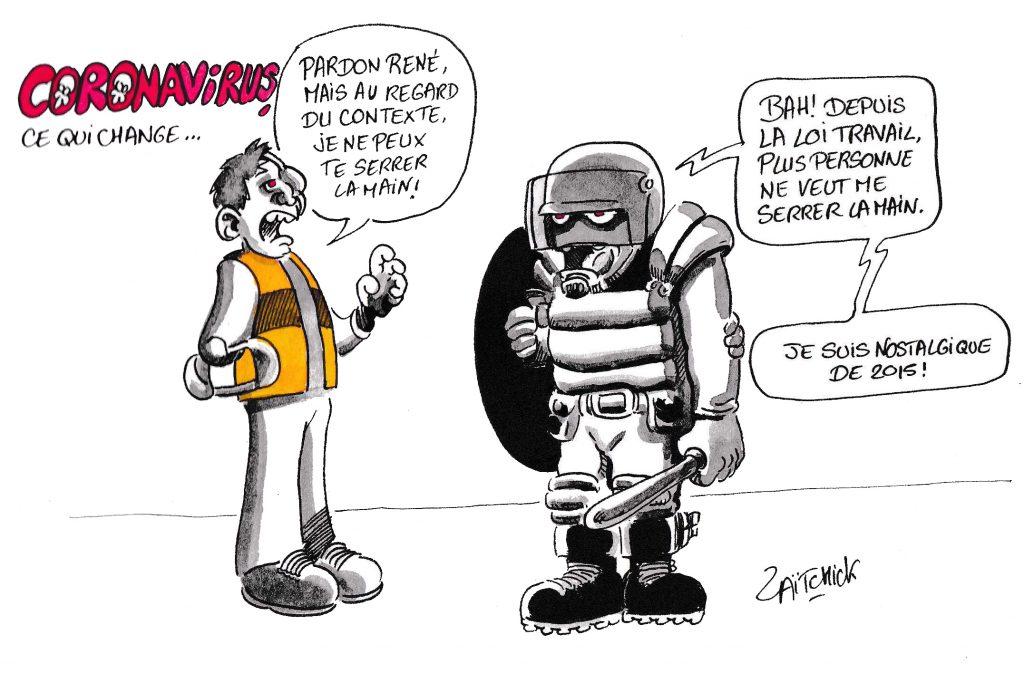 dessin de Zaïtchick sur l’épidémie de coronavirus Covid-19 et les gilets jaunes qui adoptent des gestes barrières face à la police