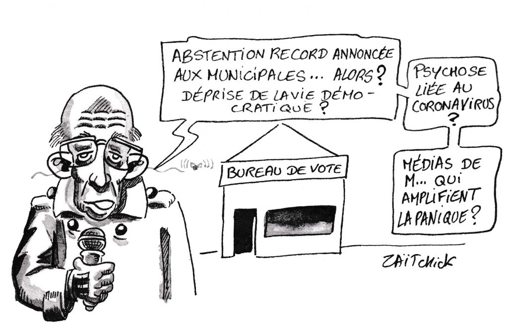 dessin de Zaïtchick sur un journaliste qui commente l'abstention annoncée aux municipales en raison de l’épidémie de covid-19