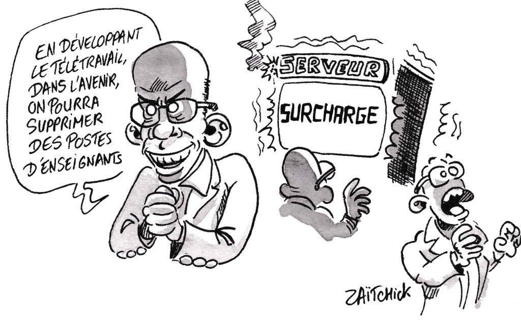 dessin de Zaïtchick sur l’épidémie de coronavirus Covid-19 et Jean-Michel Blanquer envisageant de développer le télétravail