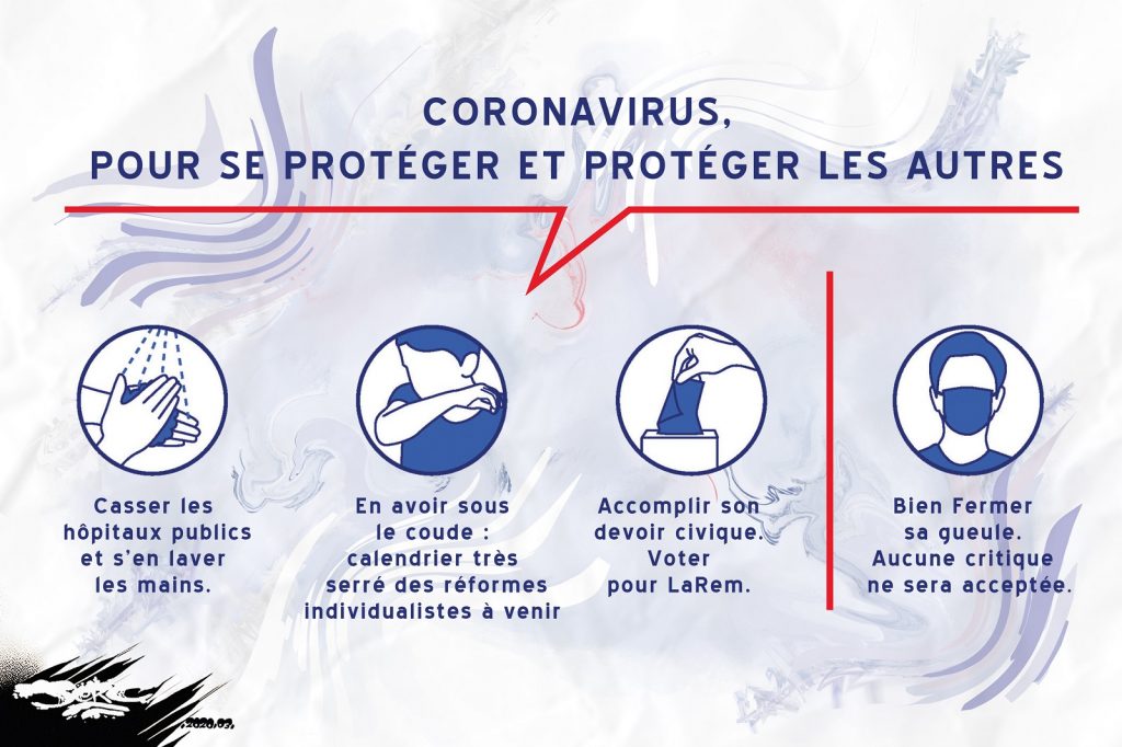 dessin d’actualité humoristique de Jerc sur l’épidémie de coronavirus Covid-19 et les gestes barrières