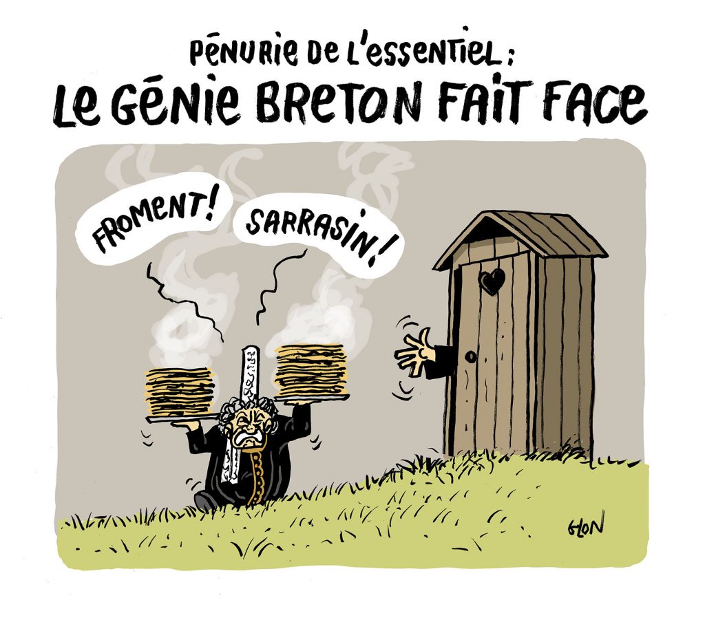 dessin humoristique de Glon sur l’épidémie de coronavirus Covid-19, la ruée des français sur le papier toilette et les crêpes bretonnes