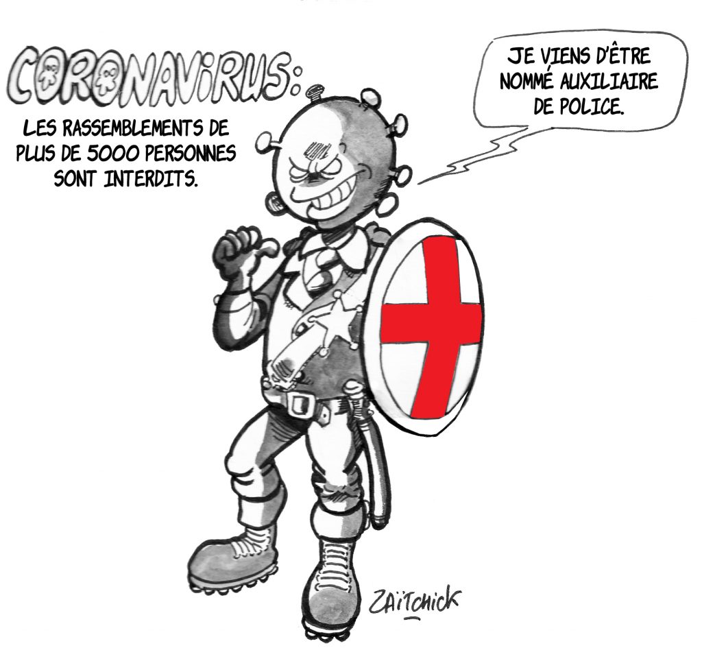 dessin de Zaïtchick sur Édouard Philippe et Christophe Castaner après l’interdiction des rassemblements pour contenir l’épidémie de Covid-19